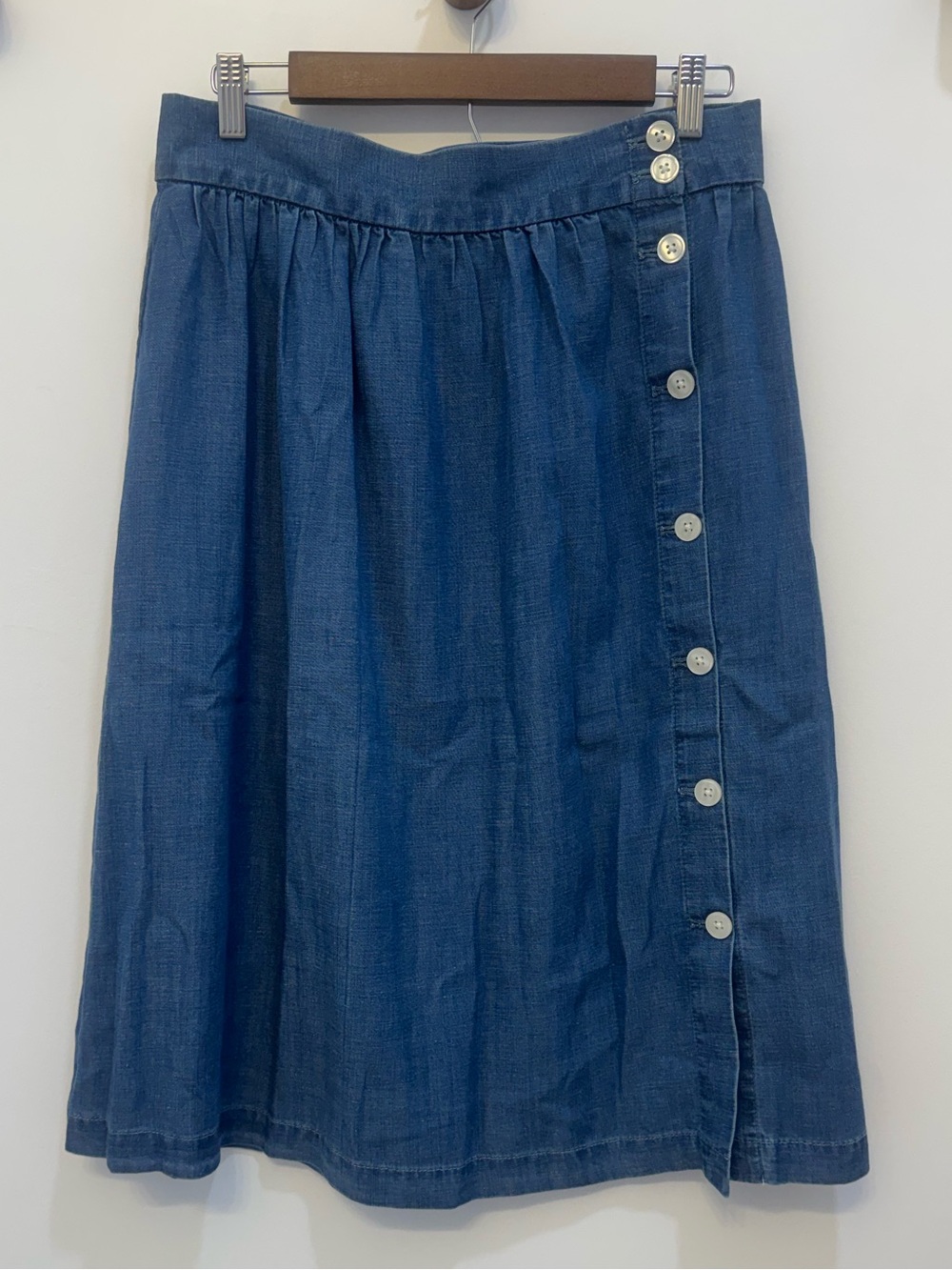 LOFT Indigo Linen Blend Button-Front Midi Skirt Womens 8 Western Prairie